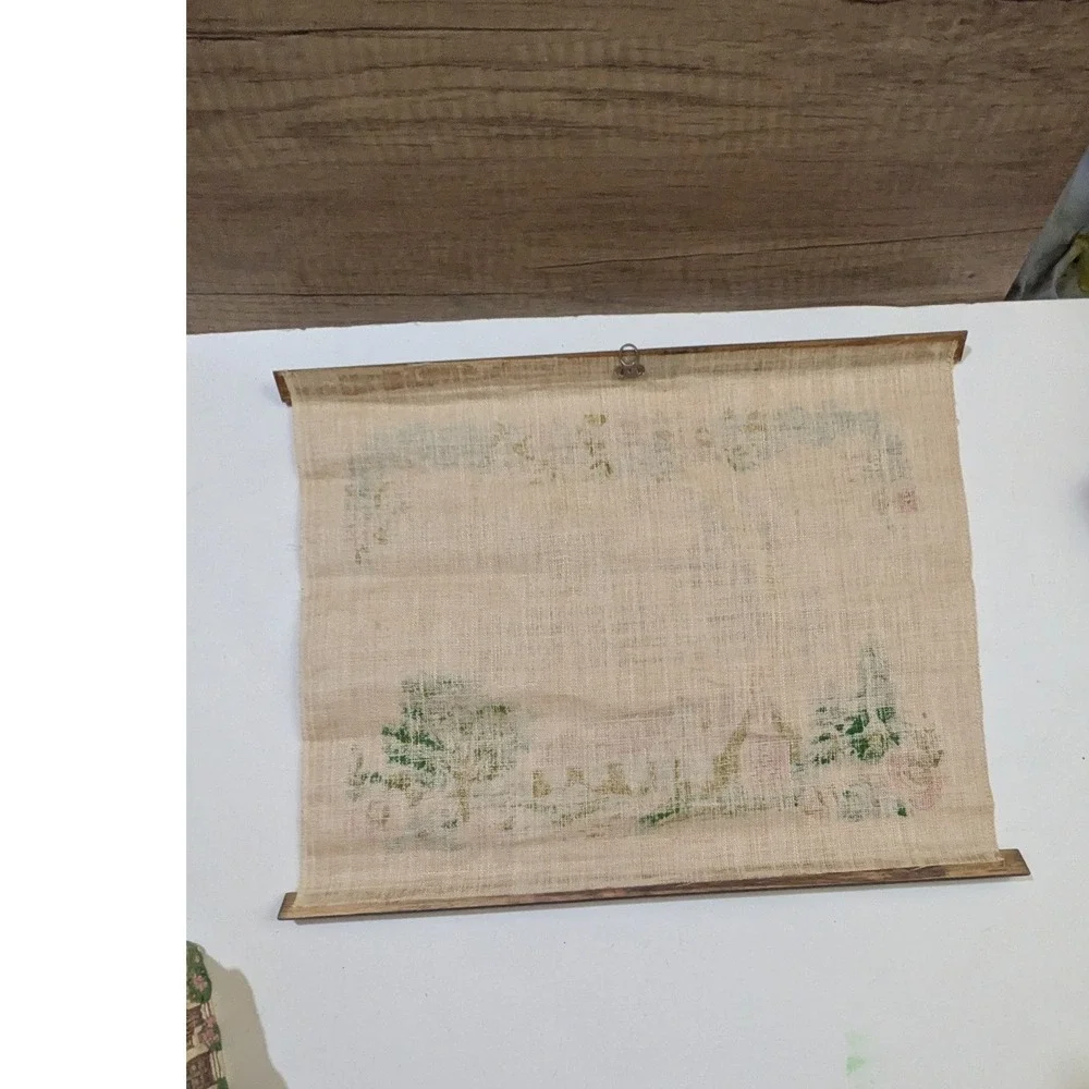 Vintage A Happy Home Recipe Linen Wall Hanging Wood Dowels Country Cottage Art‎